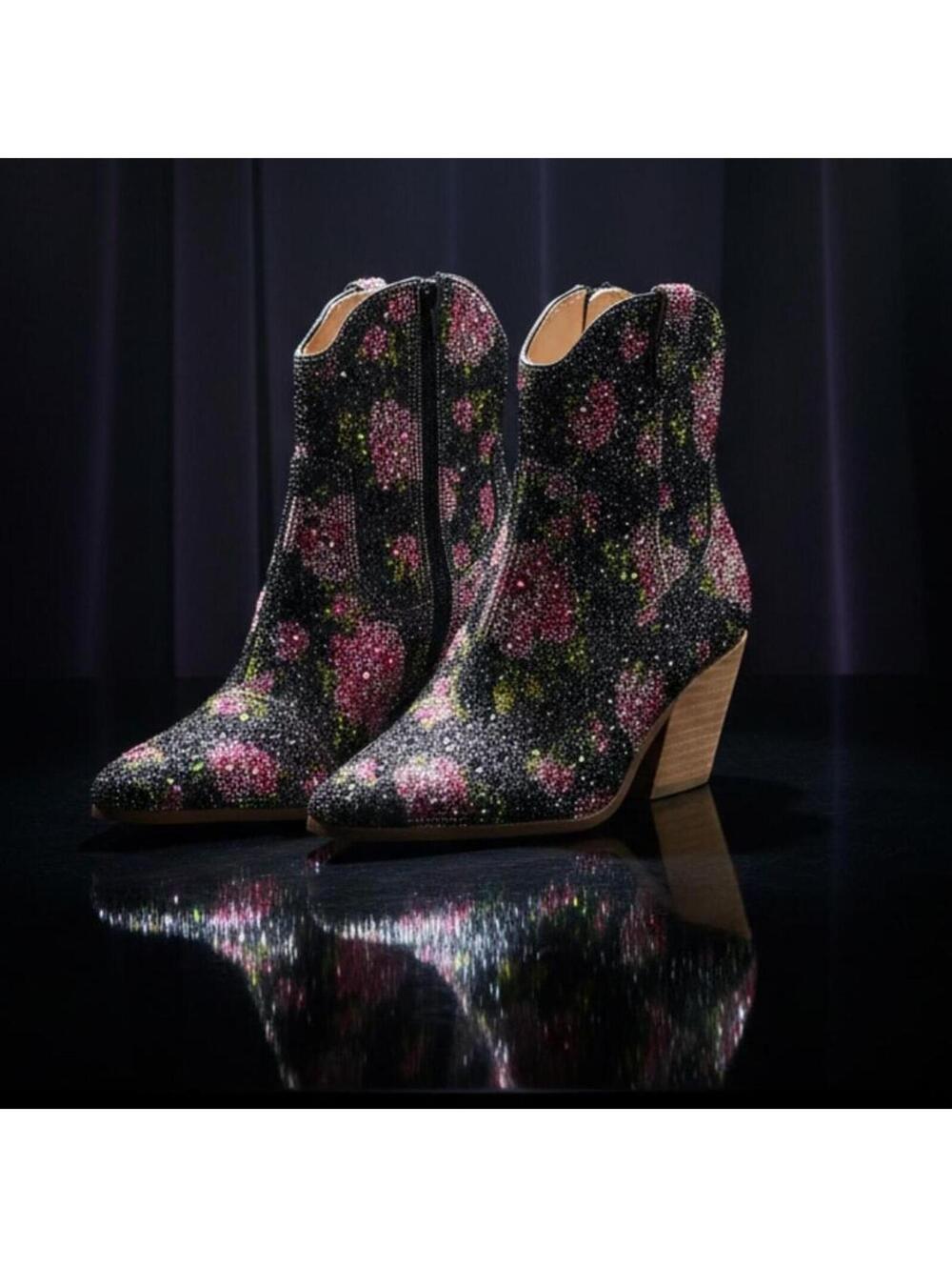 Betsey Johnson Women's Diva Floral Rhinestone Cowboy Western Boots Side Zip 5.5